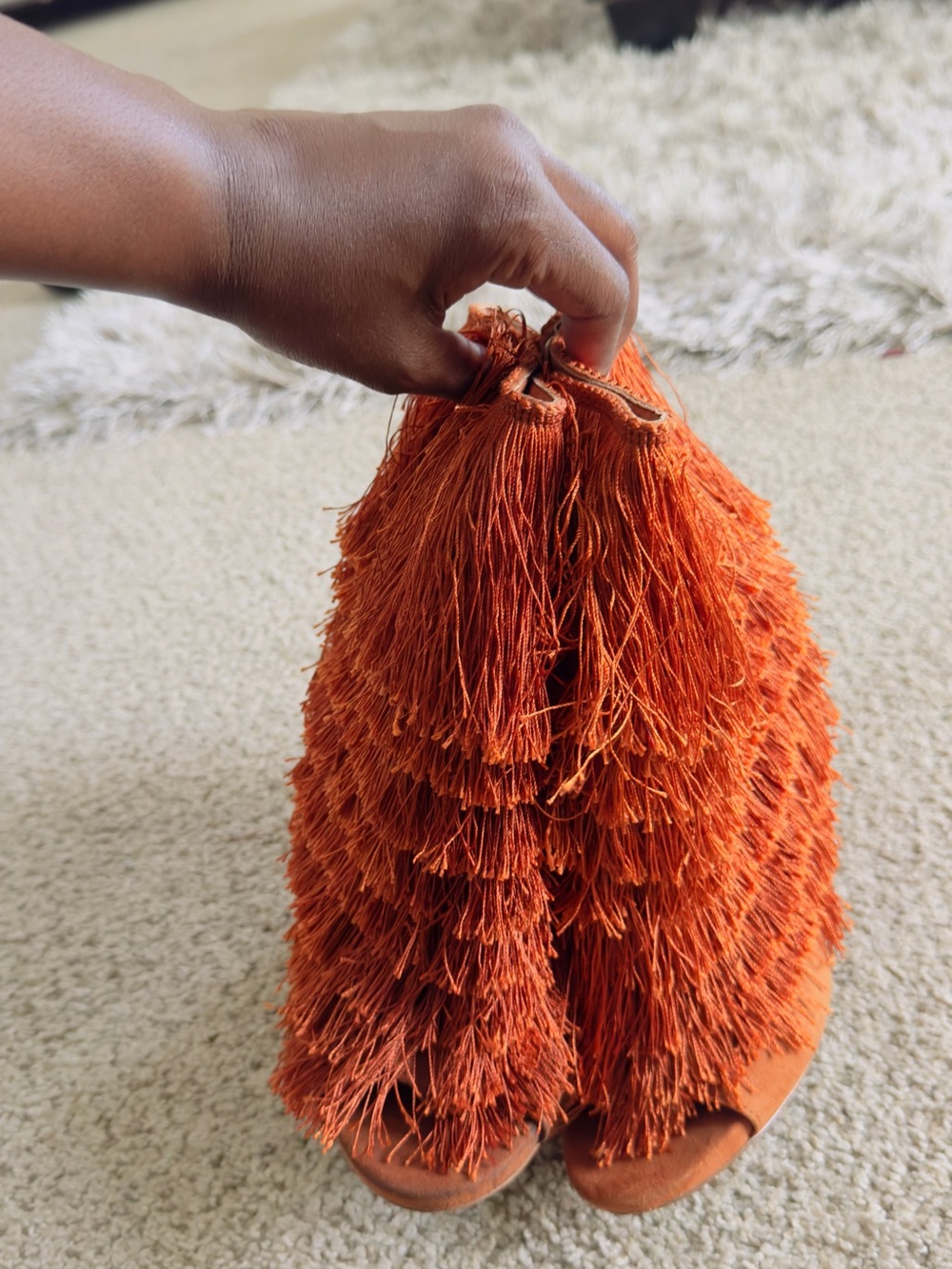 Women's Orange Fringe Peep-Toe Heels - Picture 2 of 3